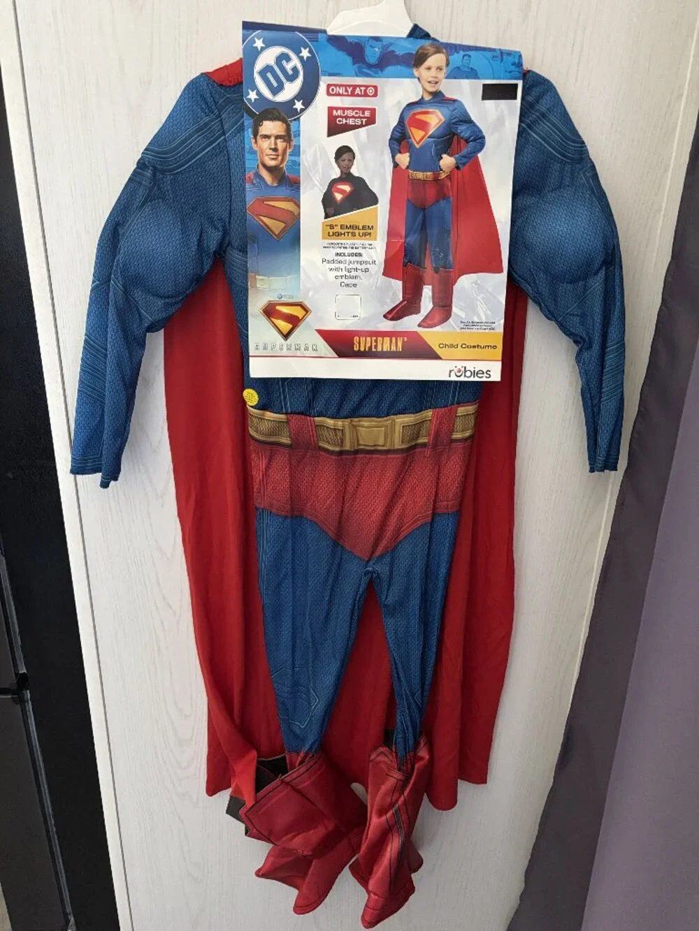 Superman Light Up Muscle Halloween Costume 10/12 Jumpsuit Boot Covers Cape Kids
